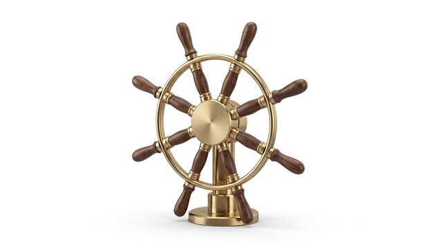 A vintage style wooden ship steering wheel with brass accents isolated on a clean white studio background
