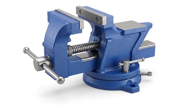 A heavy duty blue metal bench vise isolated on a white background for industrial workshop and construction projects