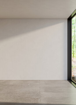 Empty gallery room mockup with beige stucco wall, window curtain, abstract painting and strong sunlight shadows on parquet