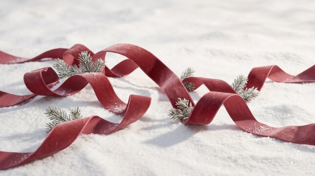 Winding red velvet ribbon and snowy pine twigs on a white snow background with christmas decor seasonal arrangement holiday setting festive ribbon winter scene background christmas