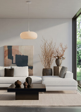 Minimalist Japandi living room interior with white sofa, abstract wall art, modern pendant lamp and organic decor