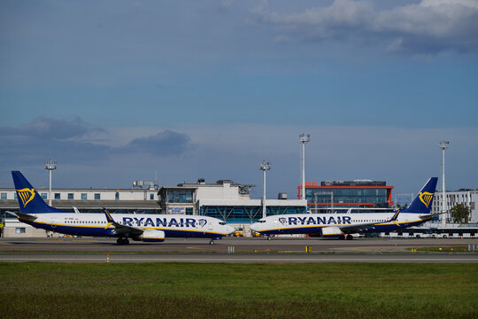 Two Ryanair Boeing 737 passenger airplanes parked on the airfield apron at Gdansk Lech Walesa Airport in Gdansk, Poland, September 2026