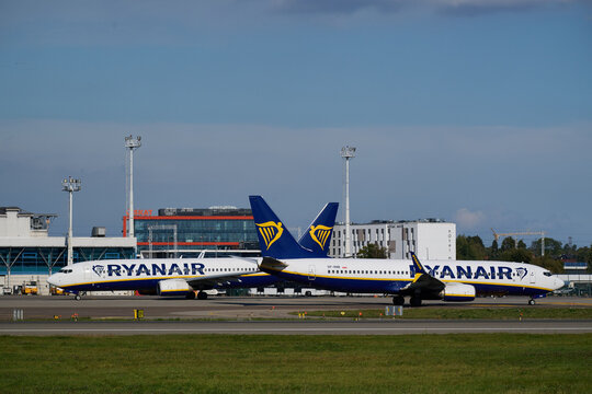 Side view of two Ryanair Boeing 737 passenger aircraft standing on the tarmac at Gdansk Lech Walesa Airport in Gdansk, Poland, September 2026
