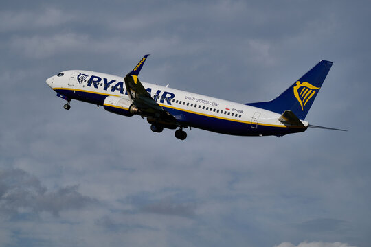 Ryanair Boeing 737 passenger aircraft taking off into a cloudy sky at Gdansk Lech Walesa Airport in Gdansk, Poland, September 2026