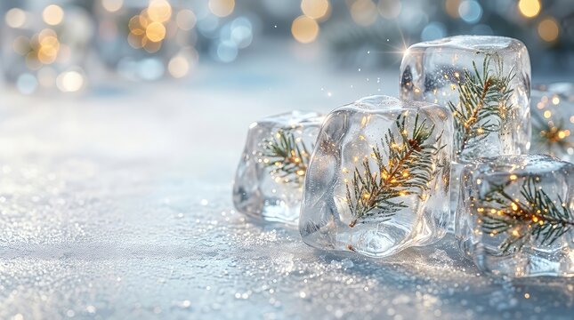 Clear ice cubes containing pine tree needles on a sparkling winter bokeh background with frozen branches christmas ice cold drinks winter decoration festive concept sparkling background