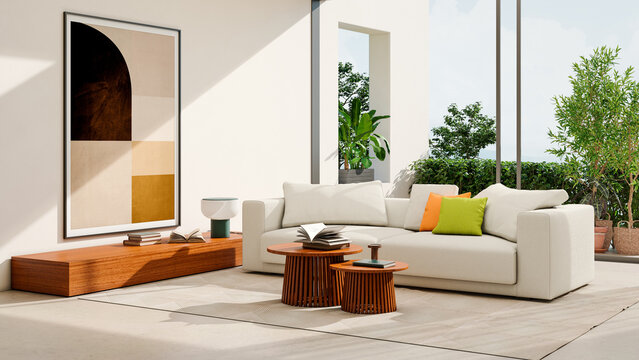 3D rendering, 3d illustration, Large Luxury modern living room interior,  brutalist architecture realistic lighting,  Graphic Overlay wide angle, contemporary furniture, clean lines, minimalist decor