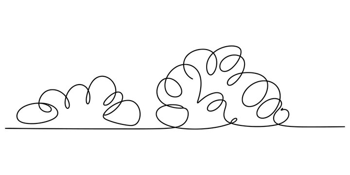 Abstract continuous line drawing of two bushes or clouds shapes isolated on transparent background
