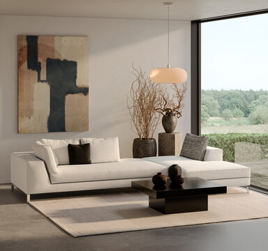 Modern Japandi living room interior with white sectional couch, large window overlooking nature and abstract art