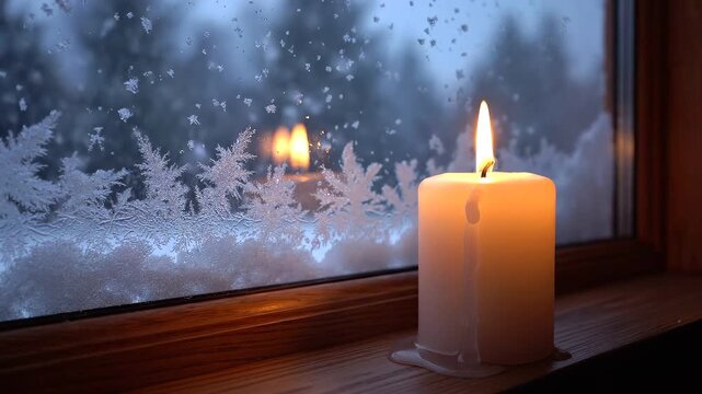Snow falling outside a frosty window with a lit candle on the sill, cozy winter
