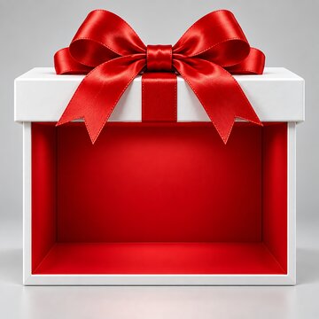 Festive white gift box featuring bright red interior lining and shiny satin bow tied on top isolated against clean minimalist gray studio background