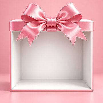 Elegant pink gift box featuring realistic glossy satin ribbon bow placed centrally against soft pastel background creating sophisticated product display template for celebrations