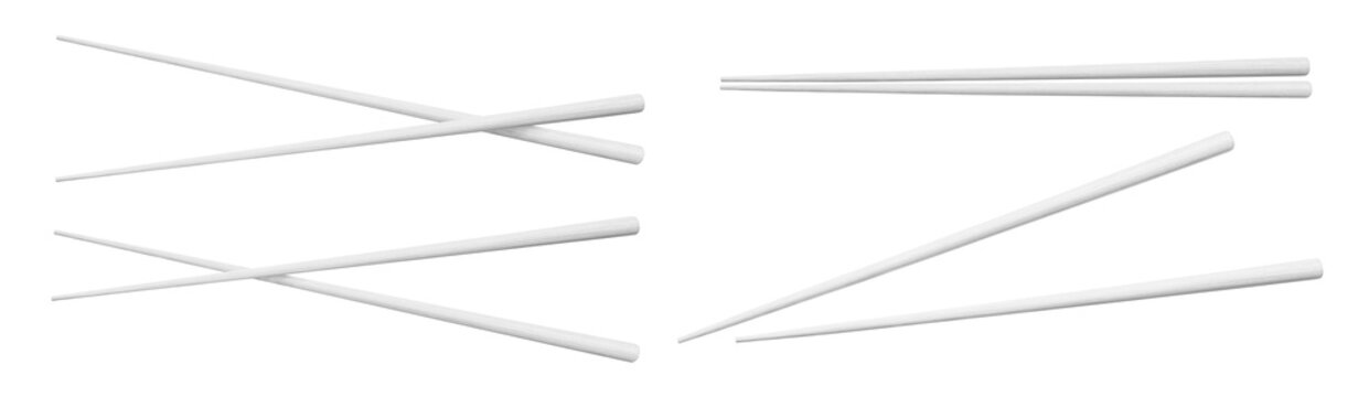 Set of white Asian chopsticks arranged in various horizontal positions, isolated on transparent cutout background
