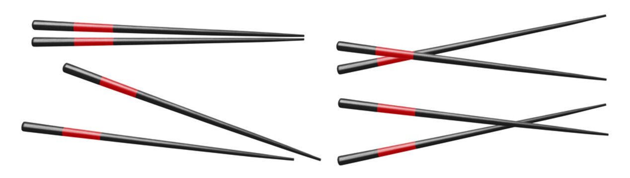 Set of black and red chopsticks in four different arrangements, isolated on transparent cutout background