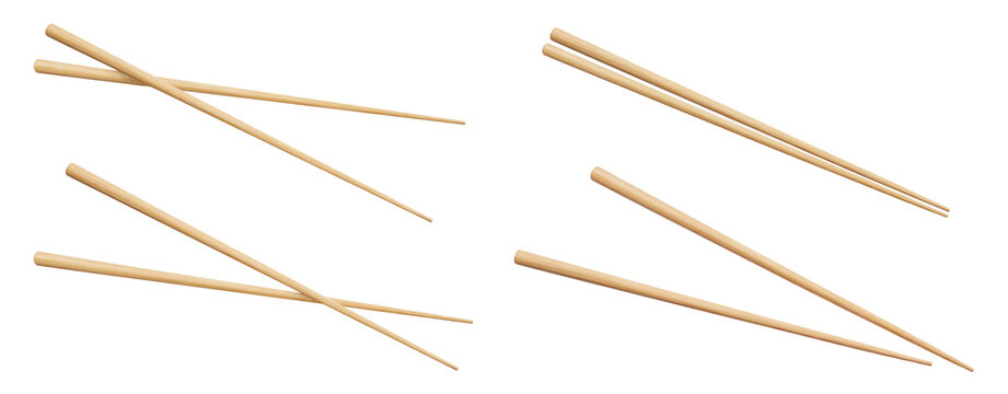 Set of natural wooden chopsticks shown in various positions and angles, isolated on transparent cutout background
