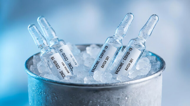 Vaccine ampoules in ice bucket labeled for covid 19 batch 301