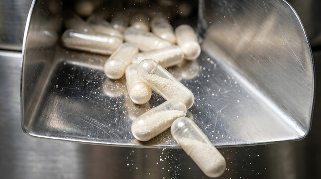 White pharmaceutical capsules spill from a stainless steel chute