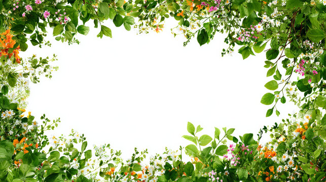 Seasonal spring border frame made of green sprouts and flowers, empty center space, high resolution, advertising design