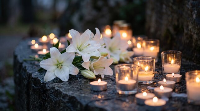 Peaceful scene of white lily flowers and glowing tea light candles on a dark stone ledge for mourning and spiritual remembrance