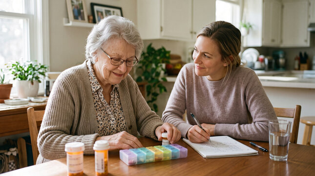 Cheerful elderly woman and granddaughter sorting colorful pill organizer together with happy caring mood at home in kitchen