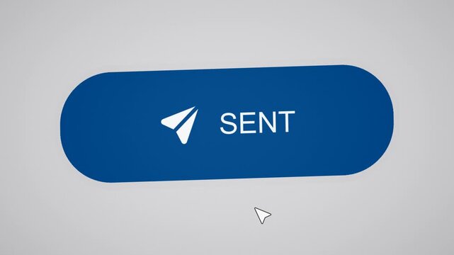Animated send email button transitions from idle to sending to sent with paper plane icon and cursor click. Clean blue interface design for tutorials, presentations, and communication themes.