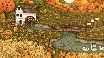 Naklejka premium Charming autumn landscape with mill and flowing stream.
