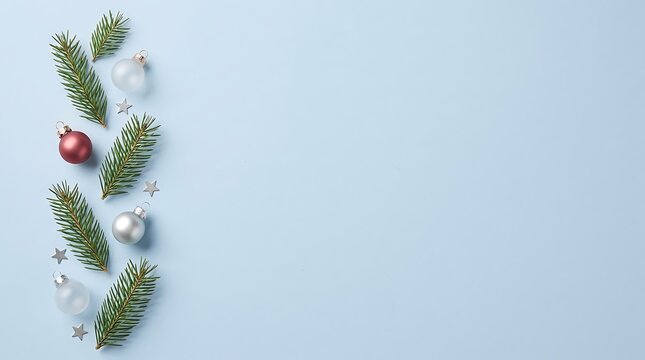 Christmas background with pine branches and ornaments on light blue