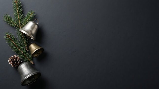 Christmas bells with pine branches and cone on dark background for