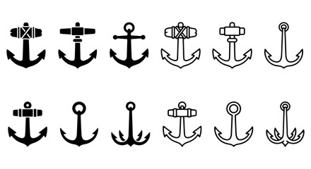 Nautical anchor icon set, black sea maritime vector symbols, vintage ocean boat anchors collection © MdMahmudulHasan