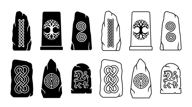 Ancient Runestones Set with Viking and Celtic Symbols, Norse Mythology Standing Stone Vector Icons, Tribal Ritual Rock Graphics