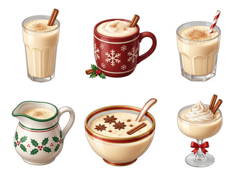 Collection of eggnog drinks in various glassware, mugs, and bowls with cinnamon sticks and spices isolated on a transparent background