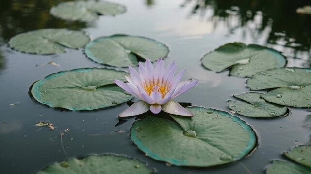 A delicate pale purple water lily blooming gracefully, floating on the calm surface of a still pond, surrounded by lush green lily pads.