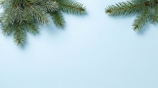 Evergreen fir branches creating a frame on a light blue background with pine needles evergreen twigs winter border holiday decoration spruce branches