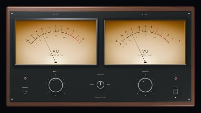 Vintage stereo VU meter in wooden case with glowing amber dials, needles swinging to audio levels. Elegant retro hi-fi design evokes classic analog sound for music and broadcasting themes.