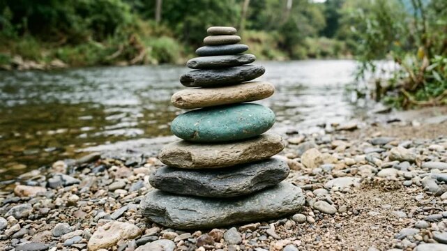 A perfectly balanced stack of smooth, flat river stones with one prominent teal stone stands tall on a pebbly riverbank, surrounded by flowing water and lush greenery.