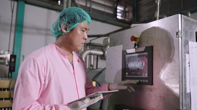 Professional Asian engineer in uniform of a food and drink factory holding and using a tablet for a checklist and analyzing data of raw material mixing tank in the beverage industry production line. 