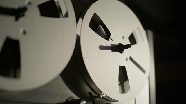 Reel to reel audio tape recorder operates smoothly inside a dark vintage sound studio setup. These mechanical spinning spools highlight classic analog tools for audio engineering history.