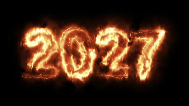 2027 New Year celebration, burning hot numbers with flames (Loop)