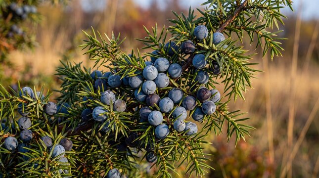 Autumn juniper berries on green evergreen branches in nature