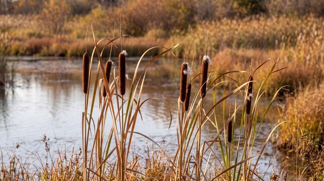 Autumn cattails growing beside peaceful marsh wetland