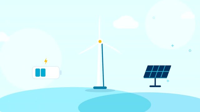 Clean Energy Storage System Animation: Wind Turbine and Solar Panel Powering Up a Battery. Sustainable Renewable Energy Solution Concept with Flat Design Illustration.