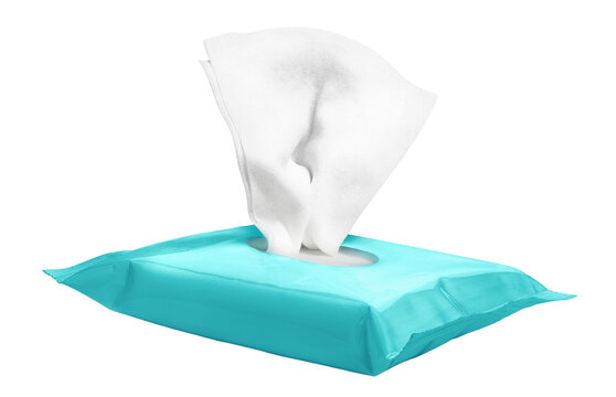 Blue package of wet wipes with one tissue pulled out, isolated on transparent cutout background