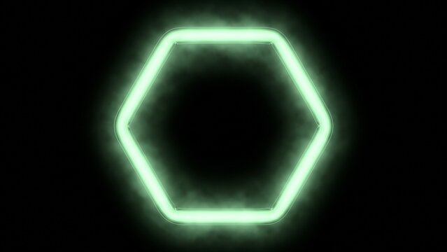 Green neon hexagon isolated on black background, glowing geometric frame