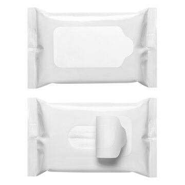 Two white disposable cleansing wipes packages with blank labels, isolated on transparent cutout background