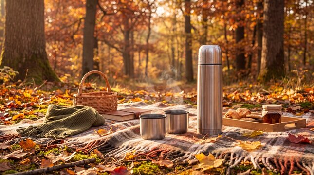 Thermos and cups on picnic blanket in autumn forest