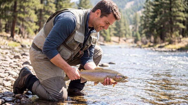 Fisherman holding freshly caught trout beside scenic river