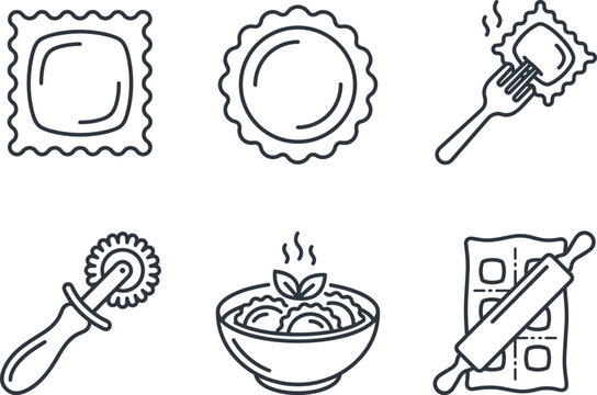 Italian ravioli and dumpling cooking vector line icon set