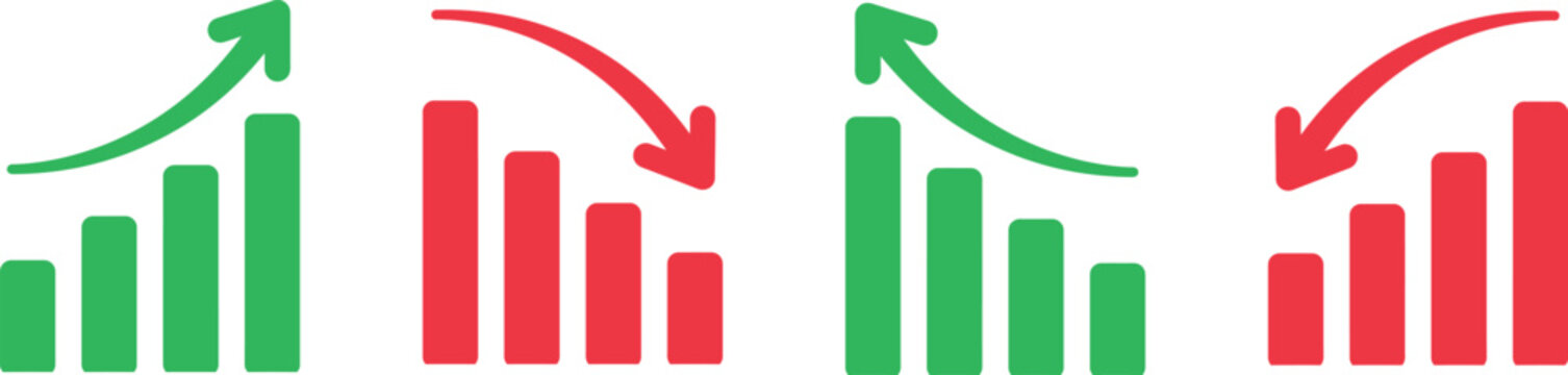Green growth and red decline trend bar chart vector icons