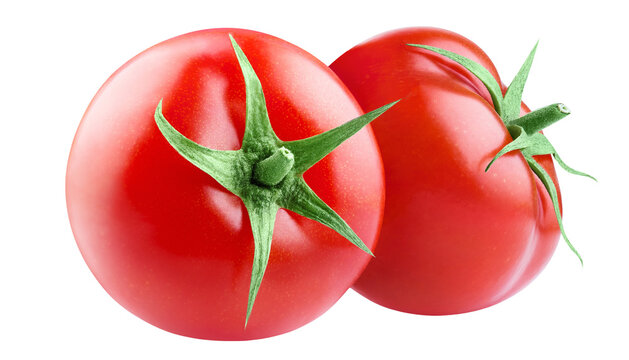 Two delicious fresh tomatoes with green stems, isolated on transparent cutout background