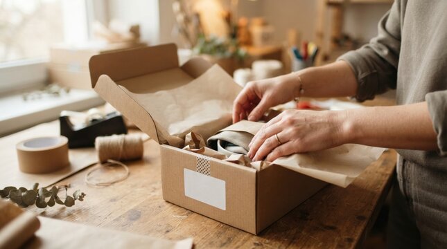 small business first online order packing Person packing a cardboard box with clothes at a wooden table near window.