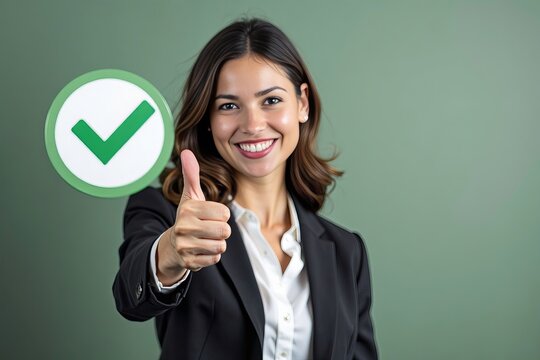 Confident Businesswoman Giving Thumbs Up with Green Checkmark Signifying Approval and Success
